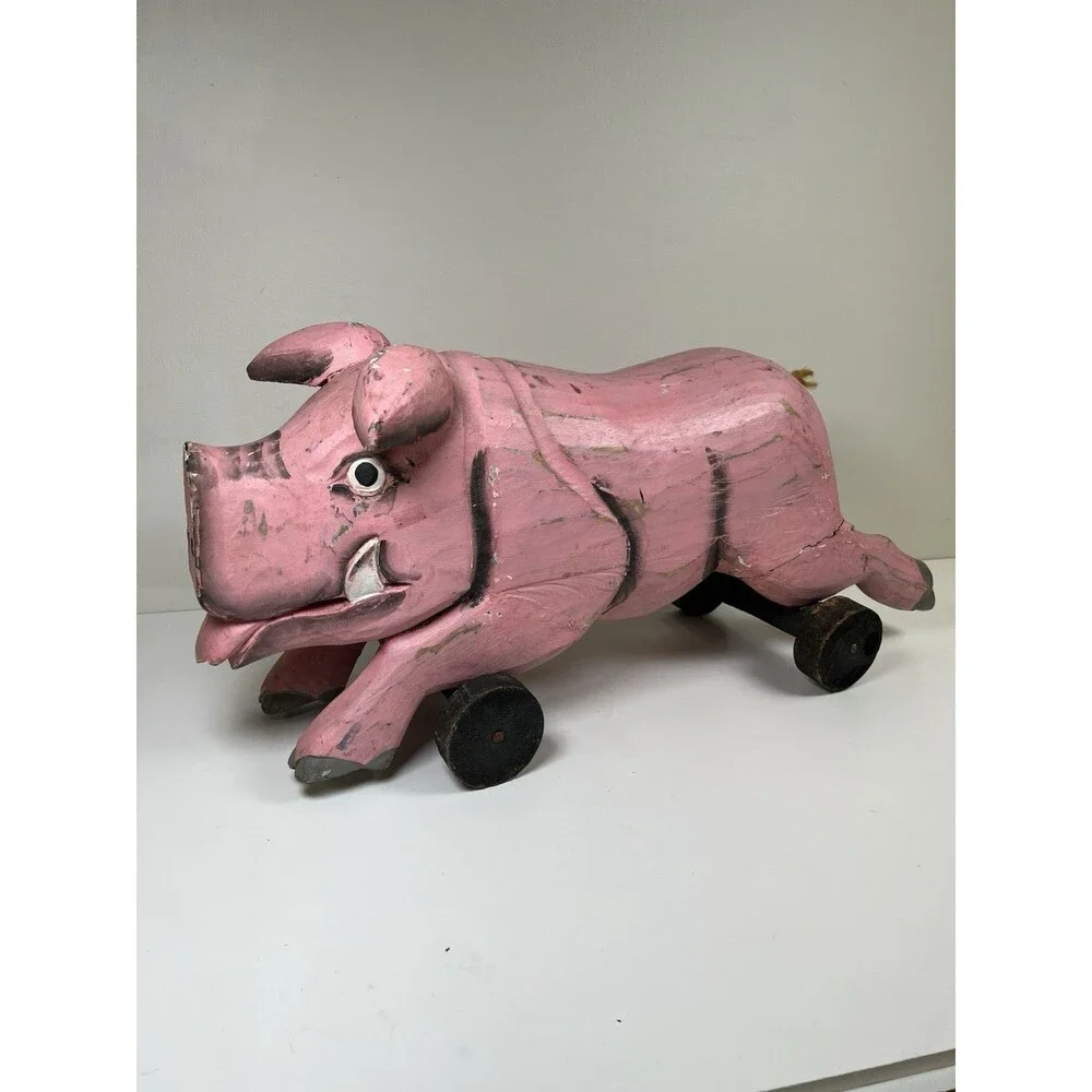 Vintage Handcrafted Carved Wooden Pig on Wheels Art Sculpture Statue Country